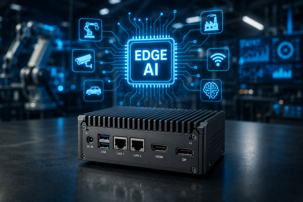 Edge AI vs Cloud AI: Edge AI technology concept showing a compact edge computing device processing artificial intelligence locally with connected IoT icons in a futuristic industrial environment.