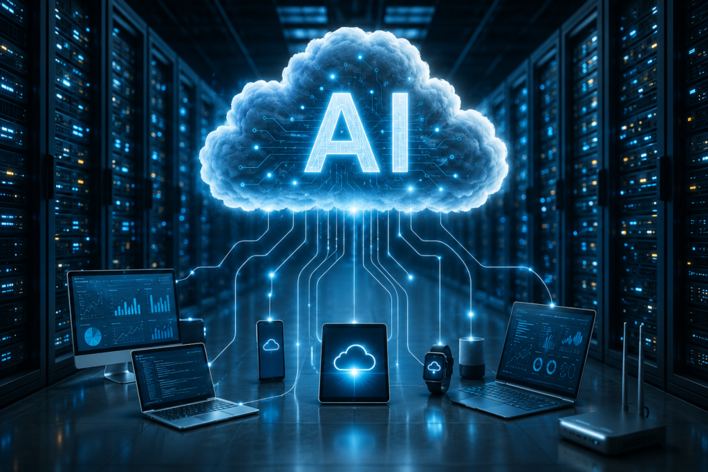 Cloud AI technology concept showing a cloud-based artificial intelligence platform connected to servers, laptops, mobile devices, and smart IoT systems inside a modern data center.