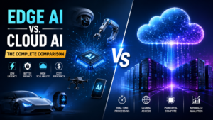 Comparison of Edge AI and Cloud AI showing local AI processing versus cloud-based AI infrastructure.