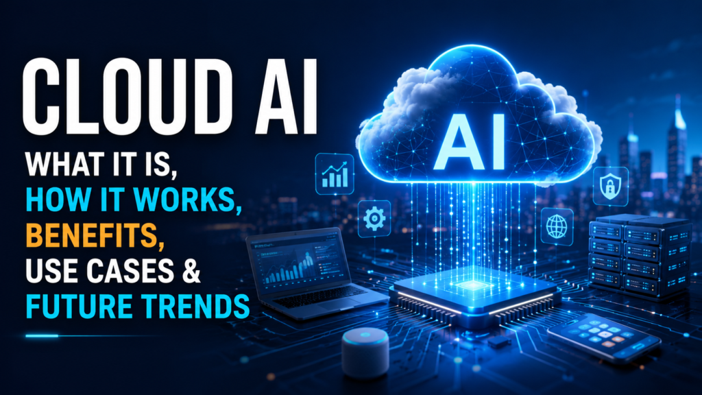 Illustration of Cloud AI showing a cloud computing network connected to artificial intelligence, servers, devices, analytics, and digital infrastructure, representing how Cloud AI works and its real-world applications.