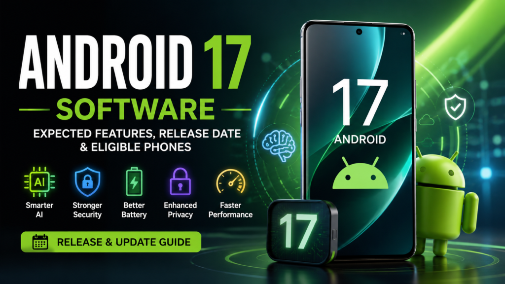 Android 17 software concept showing a modern Android smartphone with AI-powered interface, enhanced security, and futuristic operating system design.