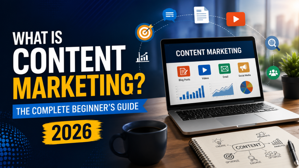 Professional digital marketer planning a content marketing strategy with SEO analytics, blog content, and social media icons on a modern workspace.