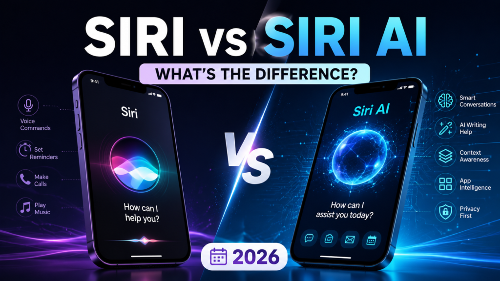 Split-screen comparison of classic Siri and AI-powered Siri showing Apple Intelligence-inspired digital assistant features on a modern smartphone.