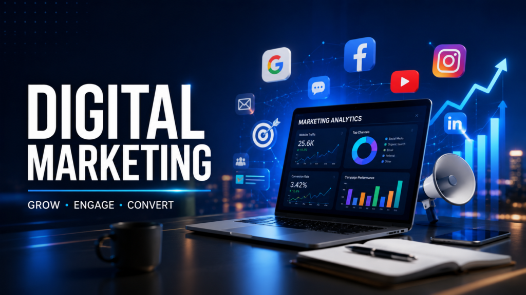 Digital marketing jobs concept showing SEO, social media marketing, analytics dashboard, online advertising, and career opportunities in the digital marketing industry.