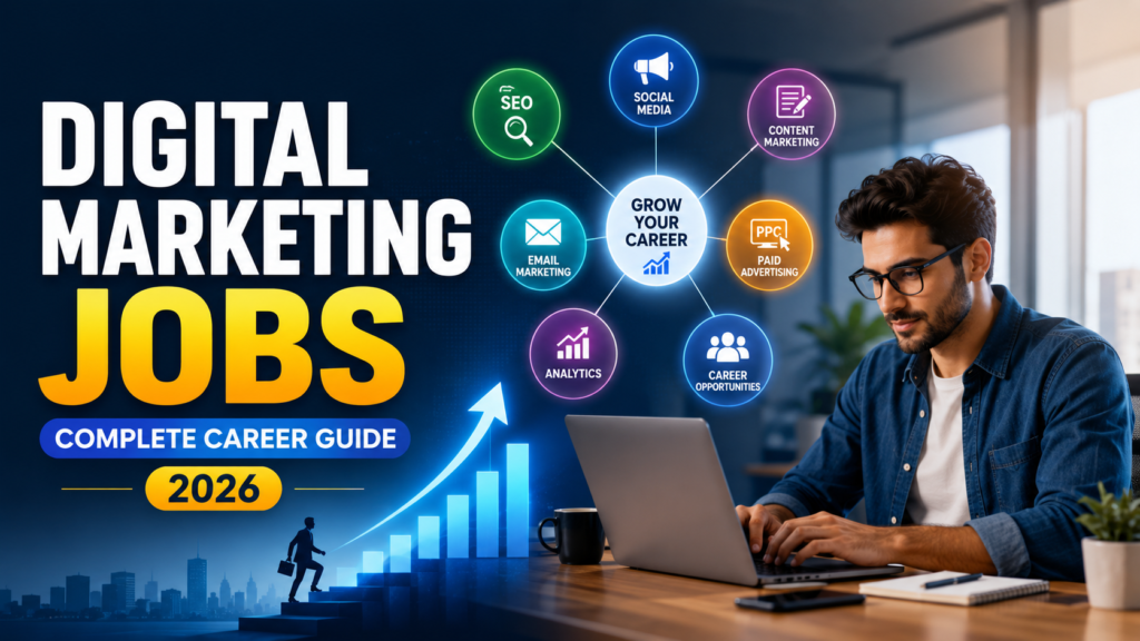Digital marketing professional working on SEO, analytics, social media, email marketing, and AI campaigns in a modern office.