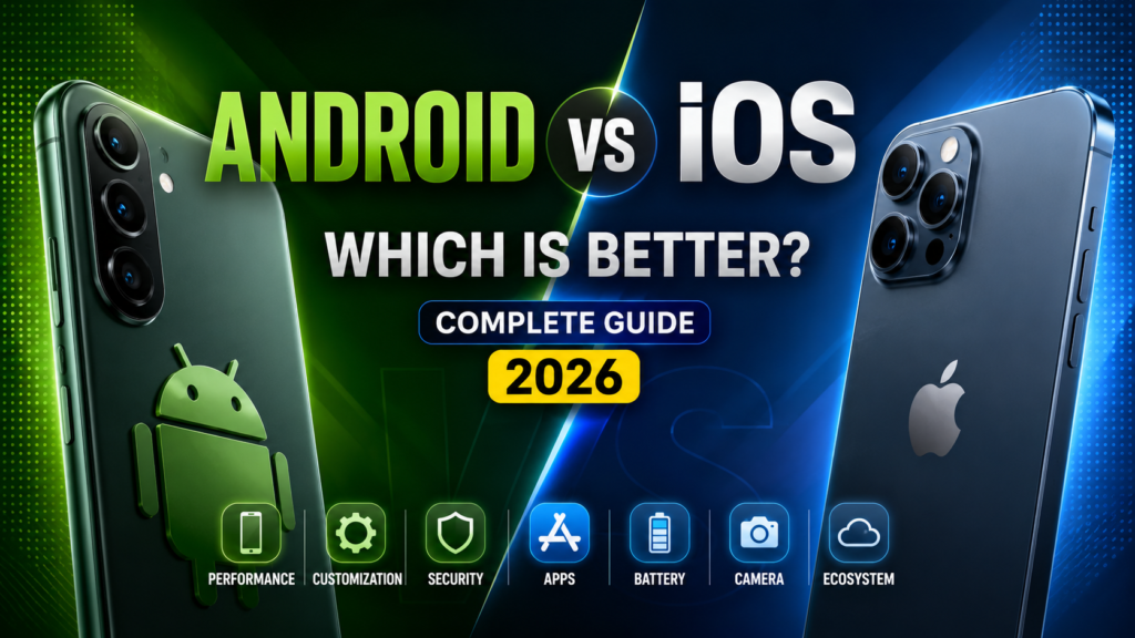 Android smartphone and iPhone displayed side by side comparing performance, security, AI features, and user experience.