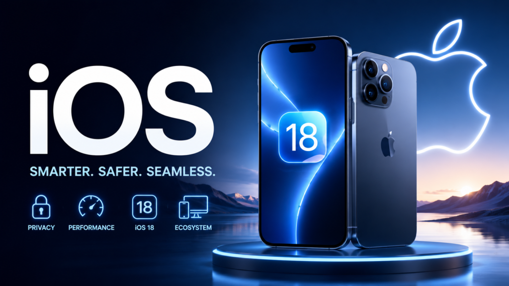 Android vs iOS comparison featuring a premium iPhone with modern iOS interface, highlighting Apple's mobile operating system, security, performance, privacy, and ecosystem.