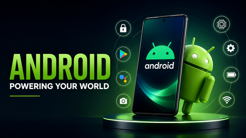 Android vs iOS comparison featuring a modern Android smartphone, Android mascot, and key Android features including customization, security, performance, apps, and software updates.