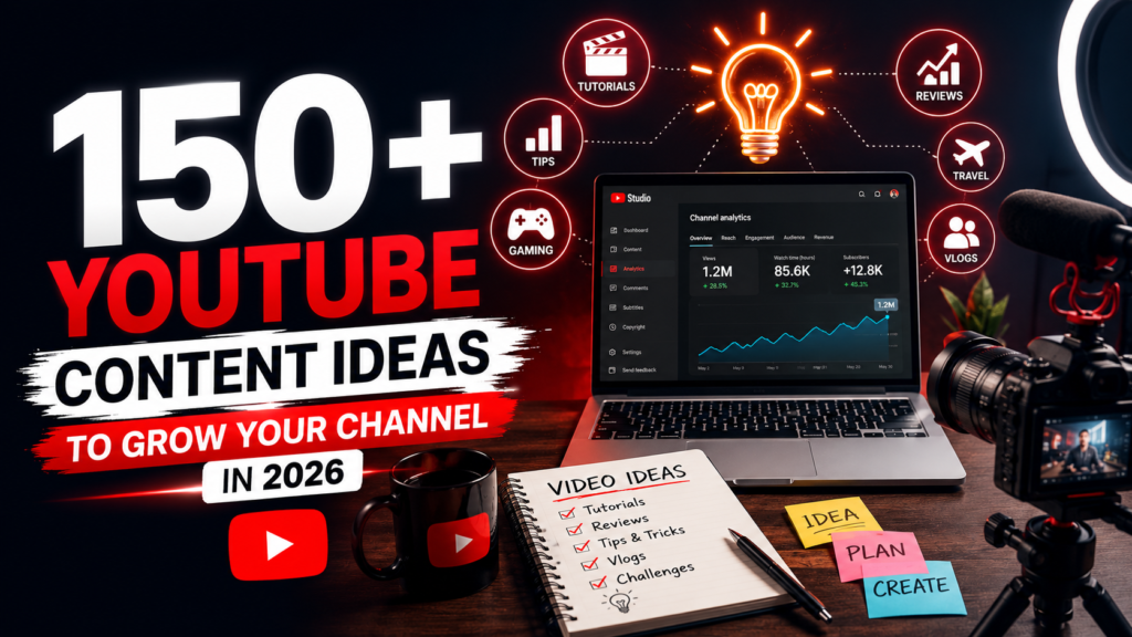 Professional YouTube creator workspace showing camera, laptop, microphone, analytics dashboard, and creative video planning tools.