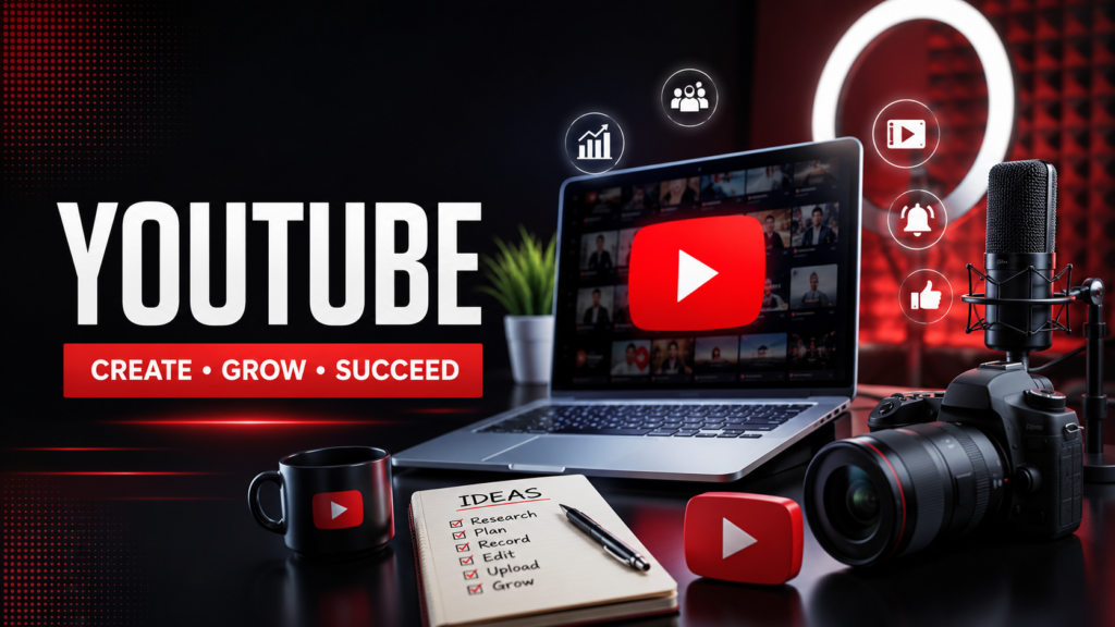 YouTube Content Ideas workspace featuring a professional creator setup with camera, microphone, laptop, YouTube analytics dashboard, and video production tools.
