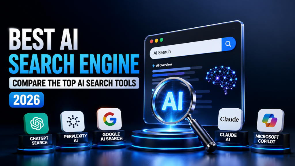 Best AI search engine comparison featuring AI-powered search tools and futuristic technology interface