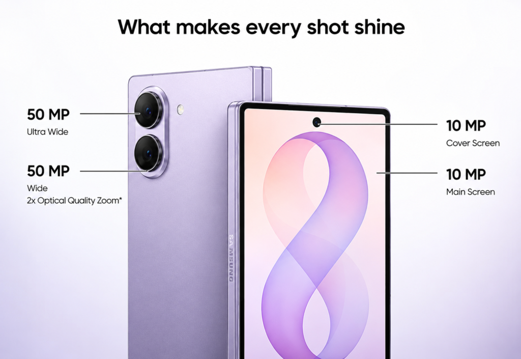 Premium foldable Samsung smartphone displaying 50MP rear cameras and dual 10MP front cameras in a clean product showcase.