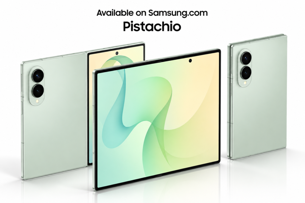 Samsung foldable smartphone in Pistachio color shown folded and unfolded with a premium display and dual rear cameras.