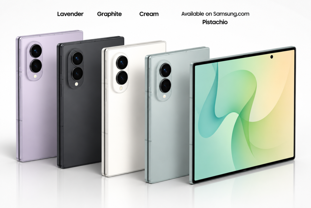 Samsung foldable smartphone lineup showcasing Lavender, Graphite, Cream, and Pistachio color options with the unfolded display.