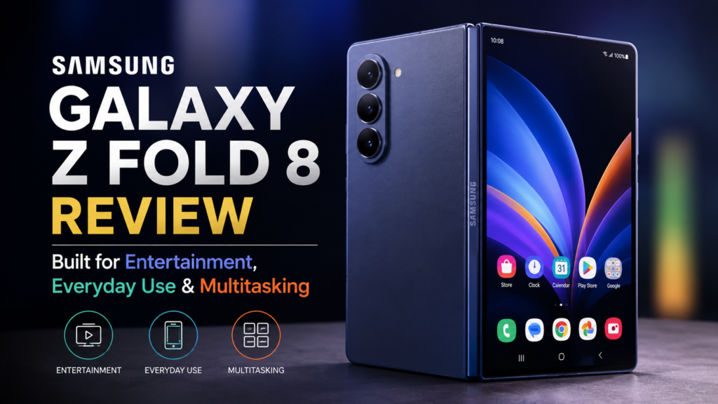Samsung Galaxy Z Fold 8 foldable smartphone review featuring premium design, large display, entertainment, everyday use, and multitasking.
