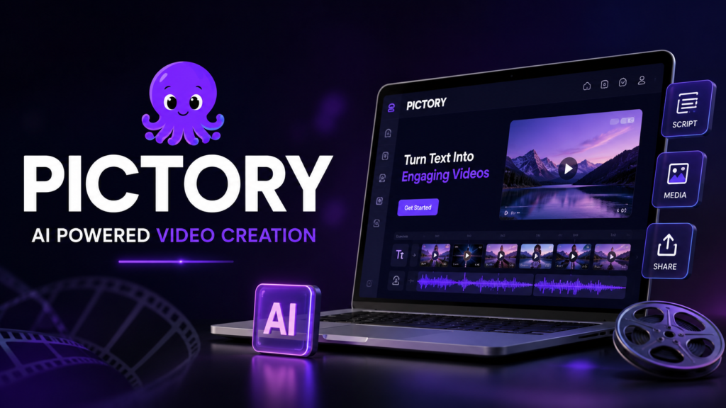 Pictory AI video creation platform displayed on a laptop with modern editing interface and AI-powered video tools.