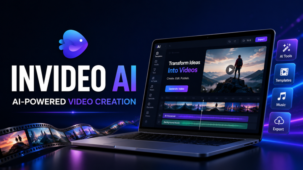 InVideo AI video creation platform displayed on a laptop with AI-powered editing tools and a professional dashboard.