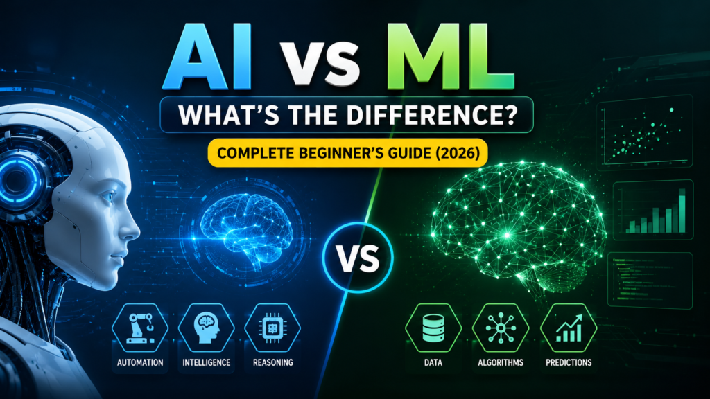AI vs ML comparison showing Artificial Intelligence and Machine Learning concepts with neural networks, robotics, data analytics, and modern technology visualization.