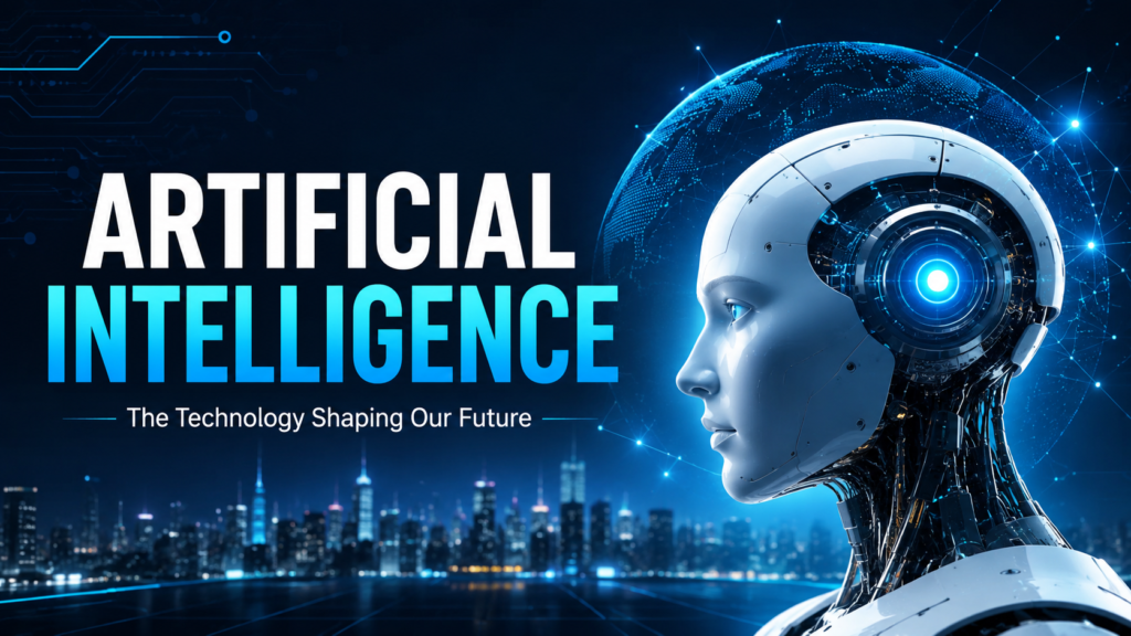 Artificial Intelligence concept featuring a futuristic AI robot, digital globe, and smart technology background.