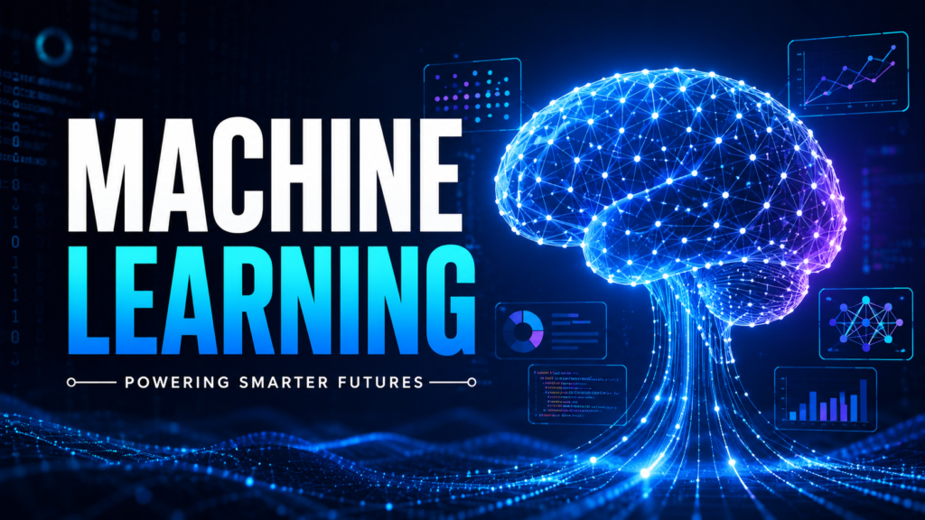 Machine Learning illustration featuring a glowing neural network brain with analytics dashboards and digital data visualization.
