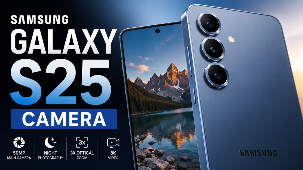 Samsung Galaxy S25 camera featured image showing the triple-camera design, 50MP main camera, 3x optical zoom, and 8K video.