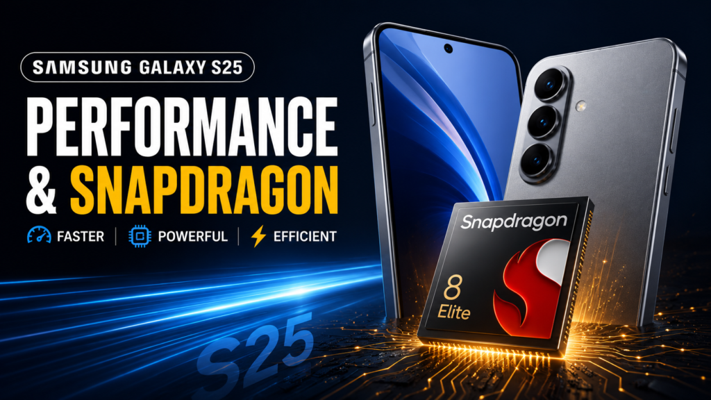 Samsung Galaxy S25 performance image featuring the Snapdragon 8 Elite processor with faster, powerful, and efficient performance.
