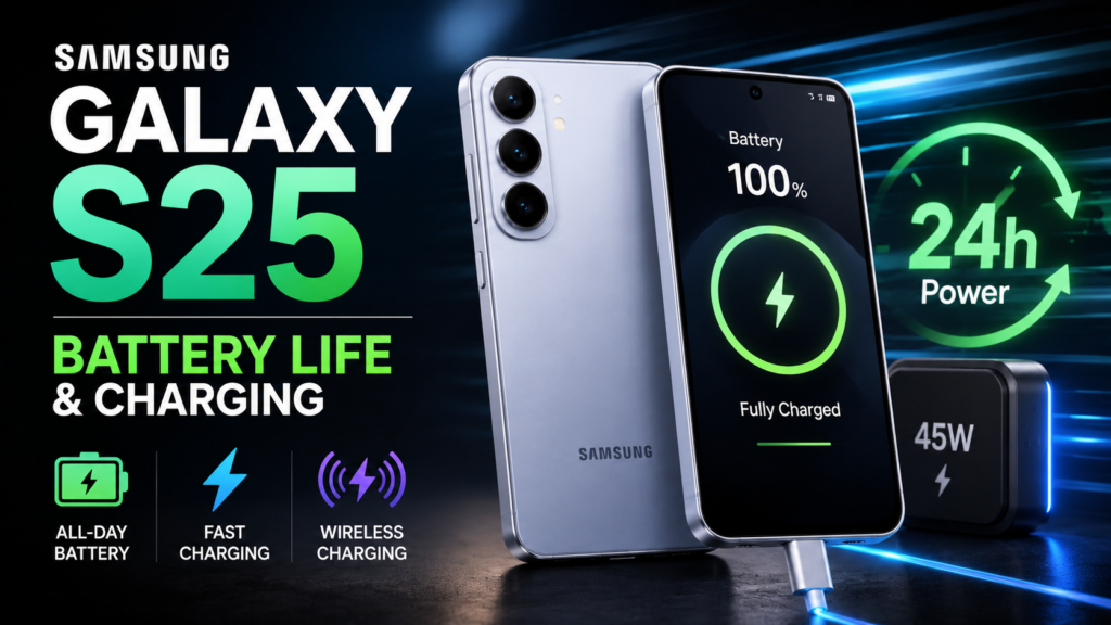 Samsung Galaxy S25 featured image showing battery life, 45W fast charging, wireless charging, and a fully charged display.