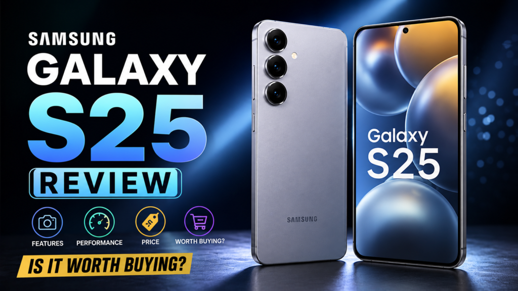 Samsung Galaxy S25 smartphone showing its AMOLED display and rear camera in a premium review banner.