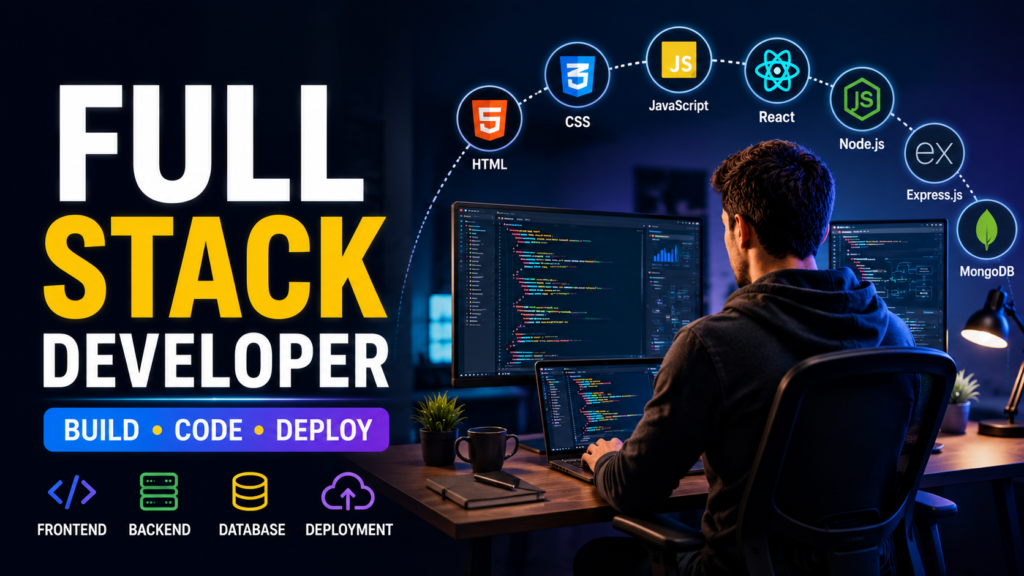Professional Full Stack Developer coding with HTML, CSS, JavaScript, React, Node.js, Express.js, and MongoDB.
