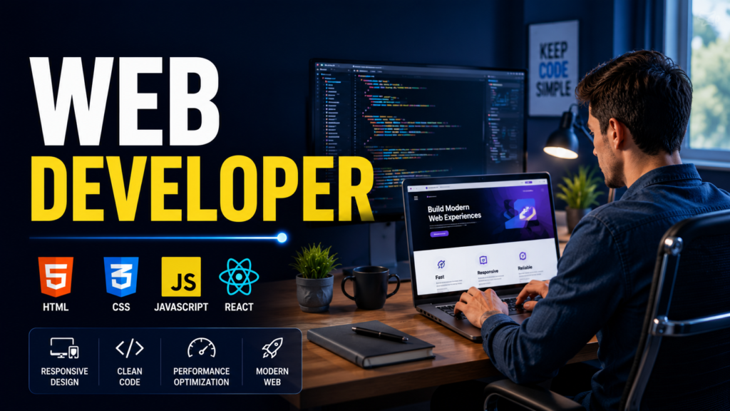 Professional web developer coding on a modern workstation with HTML, CSS, JavaScript, and React technologies displayed.