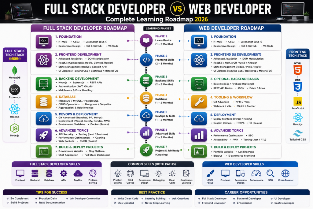 Complete Full Stack Developer vs Web Developer roadmap comparing skills, technologies, learning phases, and career paths.