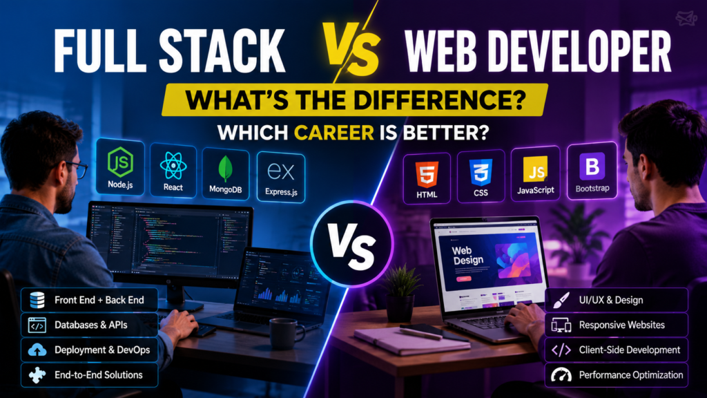 Full Stack Developer vs Web Developer comparison showing front-end and full-stack development workflows.