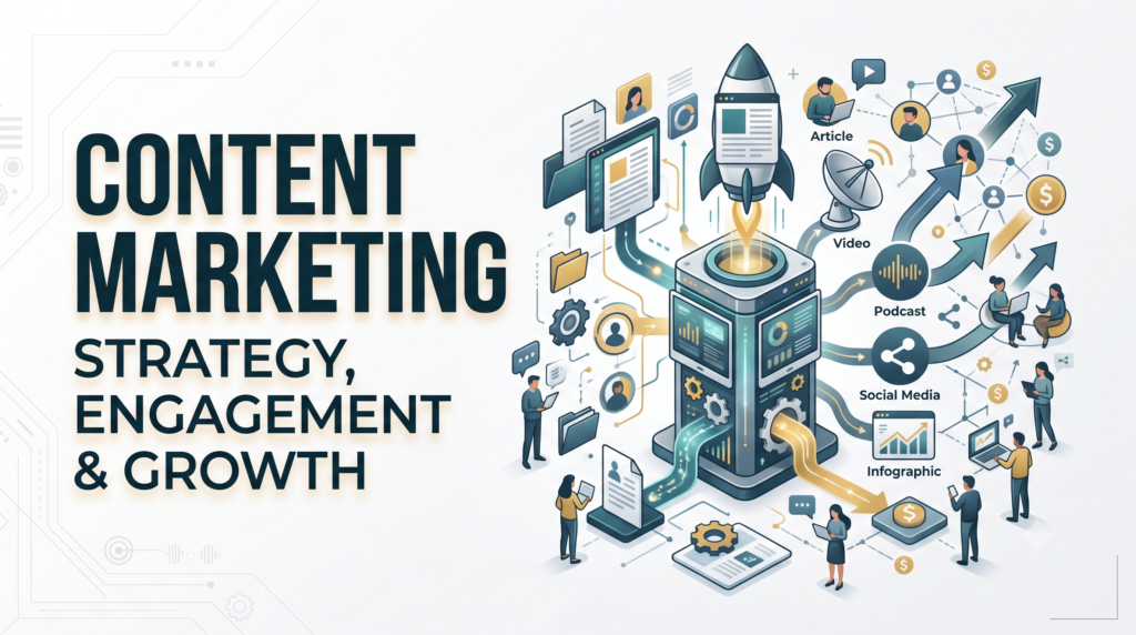 An isometric 3D illustration explaining what is content marketing, featuring a central strategy engine launching content channels like articles, videos, podcasts, and social media to drive business growth.