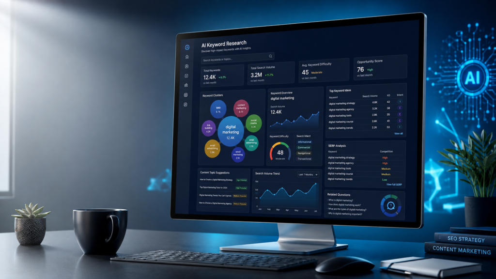 Best AI tools for keyword research showing AI SEO keyword analysis dashboard