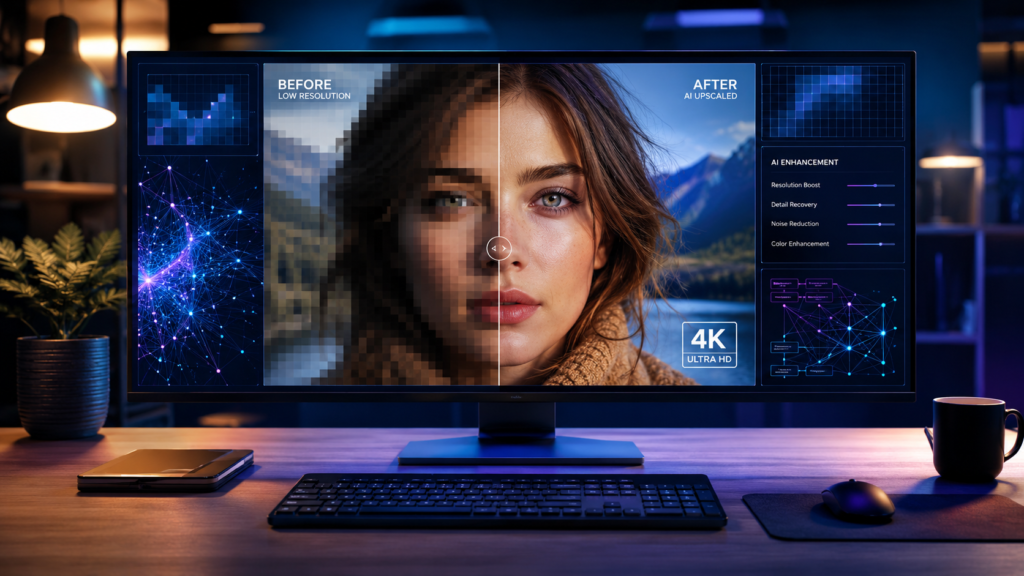 Best AI image upscalers showing low-resolution photo enhanced to high resolution