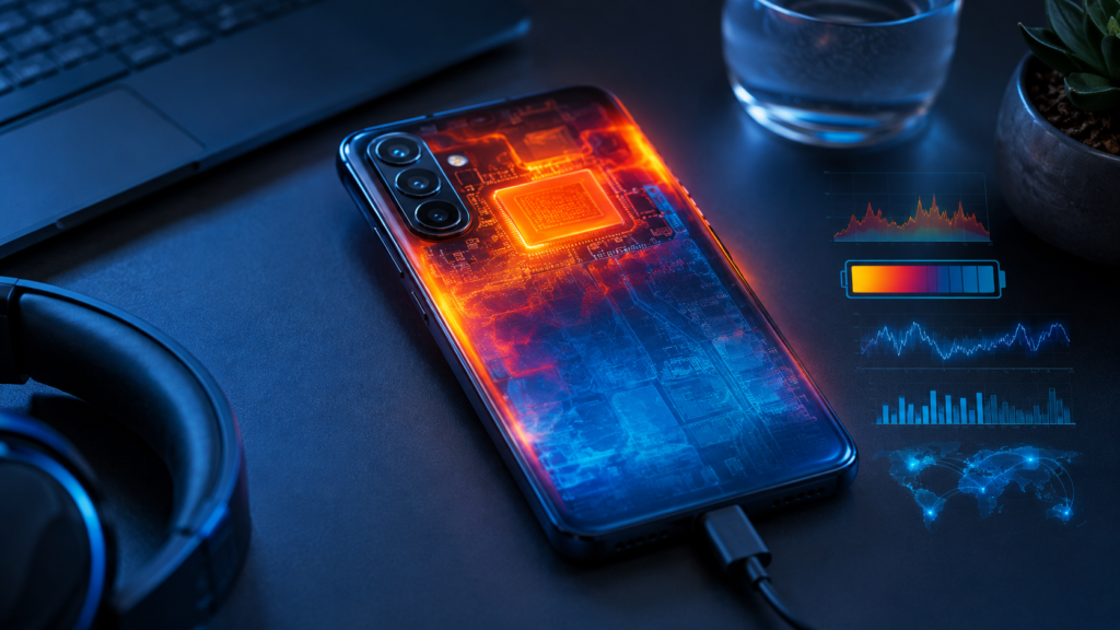 Modern smartphone showing thermal heat visualization to illustrate a smartphone heating issue