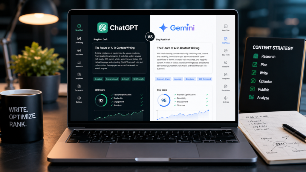 ChatGPT vs Gemini for writing comparison showing AI writing tools