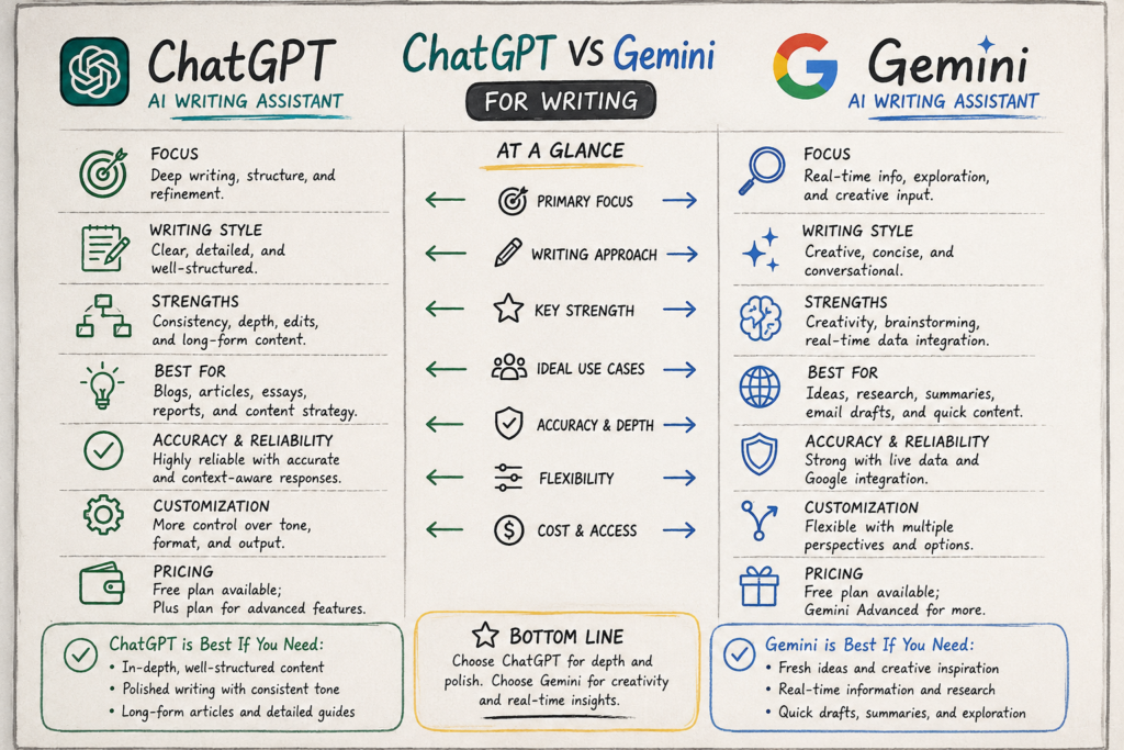 ChatGPT vs Gemini for writing comparison showing writing style, strengths, creativity, accuracy, customization, and best use cases