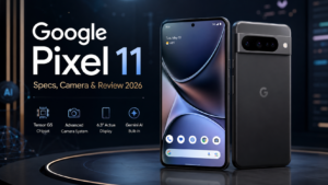 Google Pixel 11 smartphone showing its display and camera design