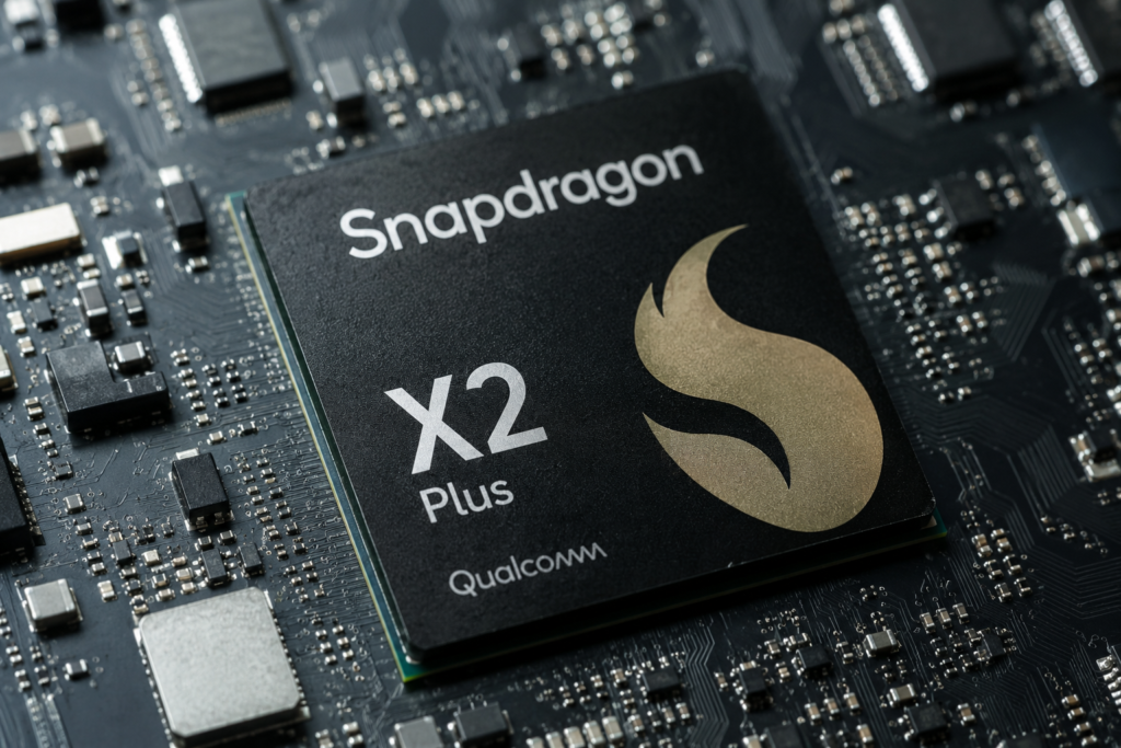 Qualcomm Snapdragon X2 Plus Benchmarks processor chip on a computer motherboard