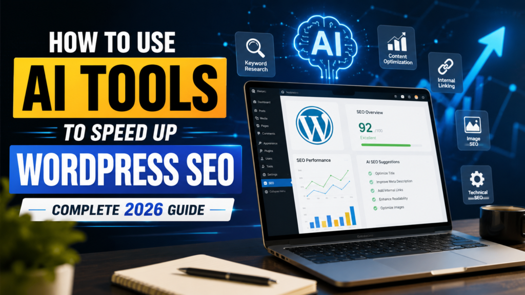 AI tools dashboard helping optimize WordPress SEO with keyword research and content optimization.