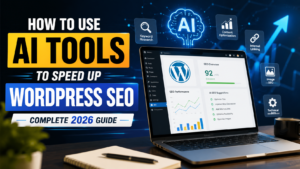 AI tools dashboard helping optimize WordPress SEO with keyword research and content optimization.