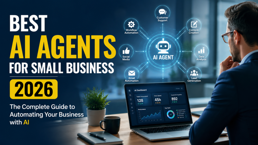Best AI agents for small businesses automating customer support, marketing, sales, and workflows in a modern office.