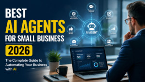 Best AI agents for small businesses automating customer support, marketing, sales, and workflows in a modern office.